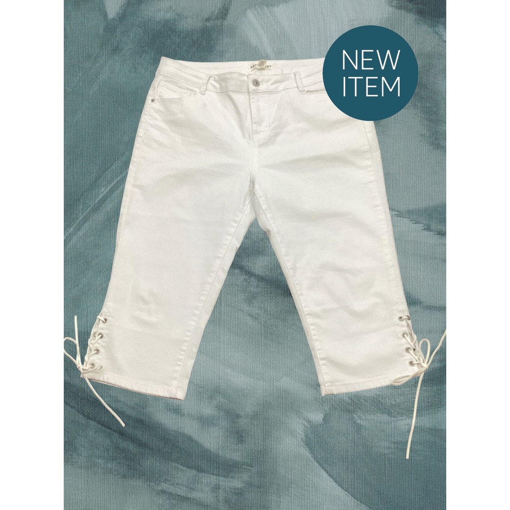 Artisan NY Womens White Denim Capri Pants Lace Up Side Hem Size 14 Cropped Jeans